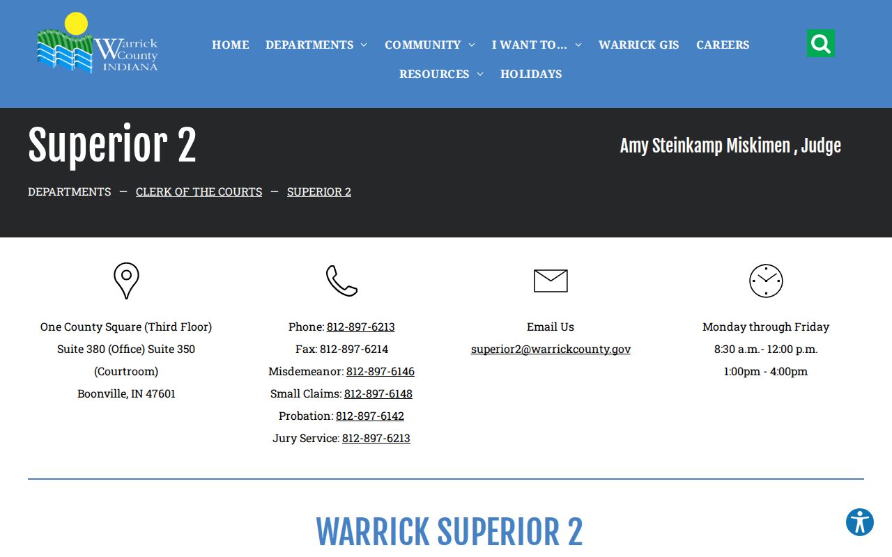 Warrick County Superior Court 2 bench warrant contact